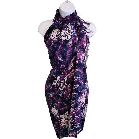 Purple Batik Tie-Dye Beach Coverup - Fringed Sarong Wrap - Picture 5 of 7